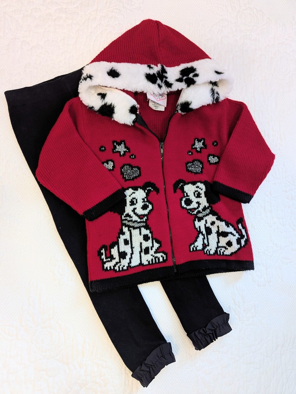 Vtg Papparoni Dalmatian Faux Fur Hoodie Sweater/ RuffleButts Black Tights SZ 2T
